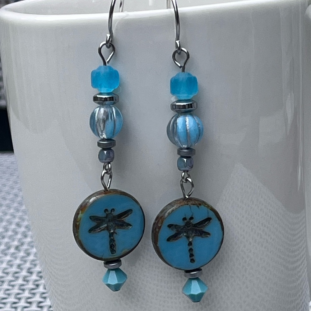 Handcrafted blue dragonfly Czech glass dangly earrings - Picture 2 of 8